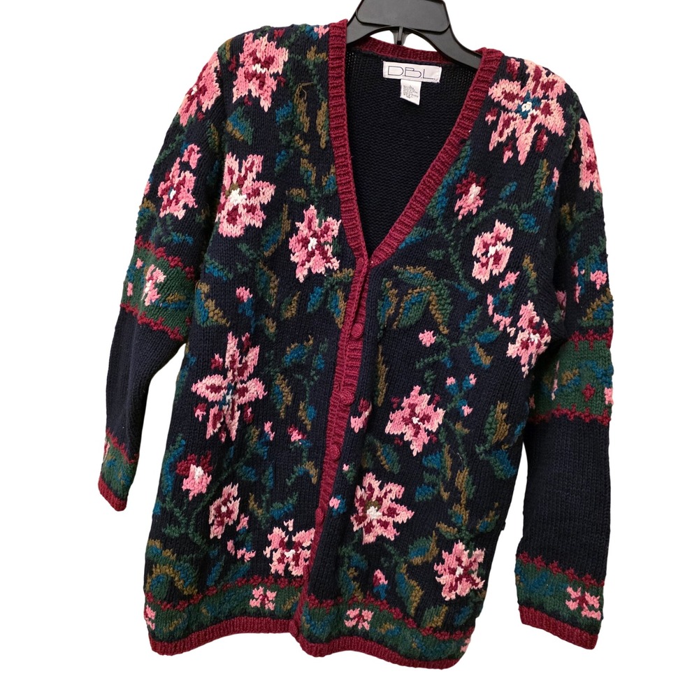 Vintage DBL Floral Cardigan Sweater Navy Pink Granny Core Ramie Cotton Large